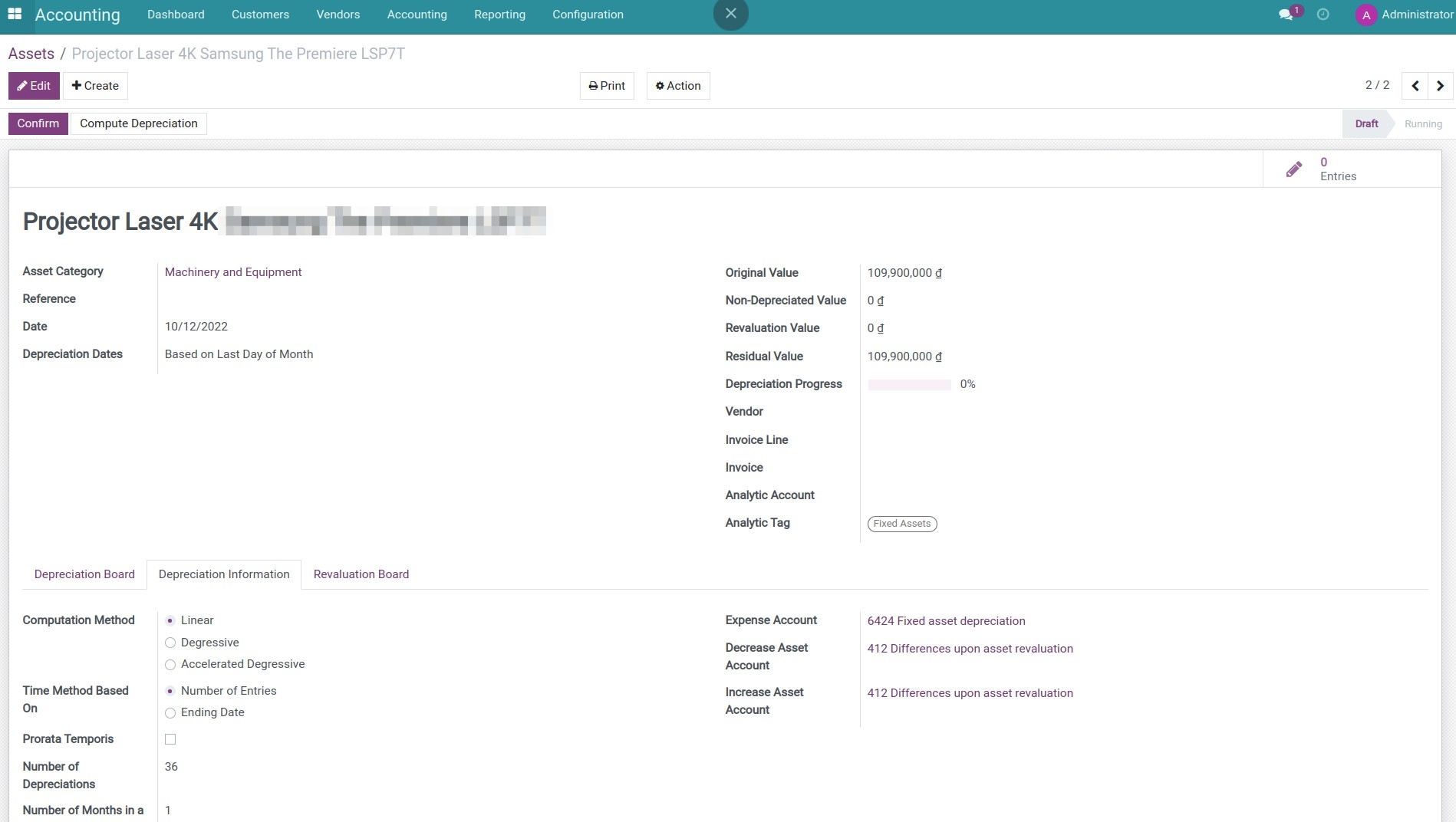 Configure depreciation information for an asset