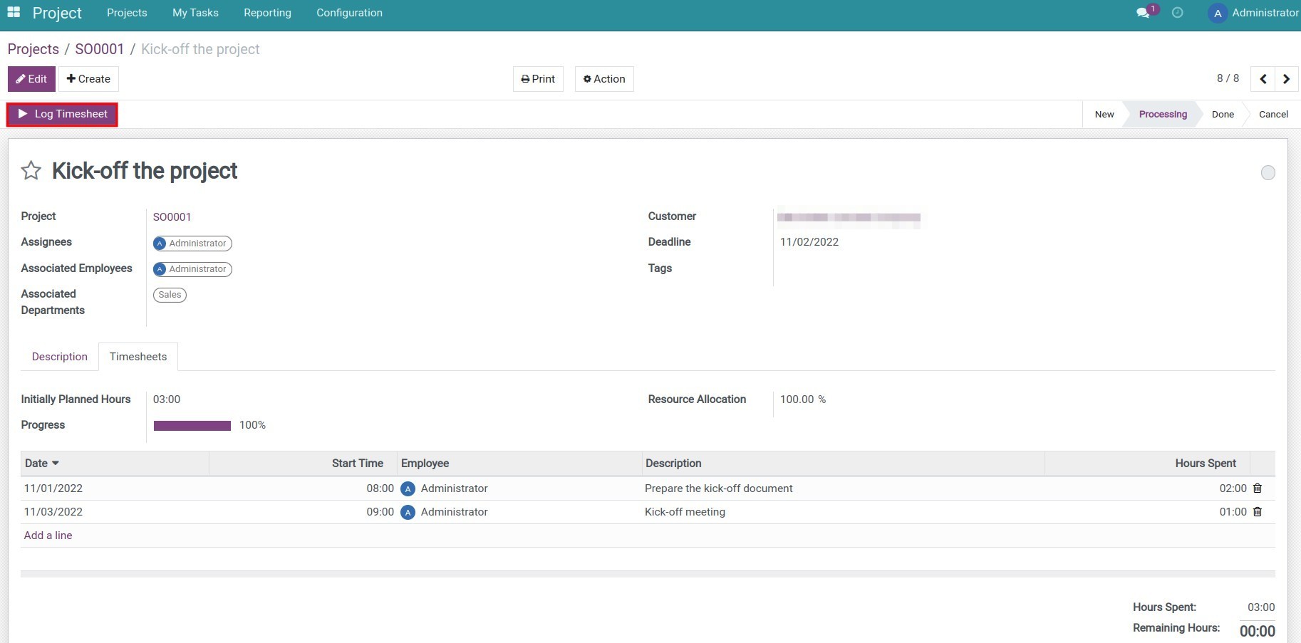 Record timesheet on each task of the project