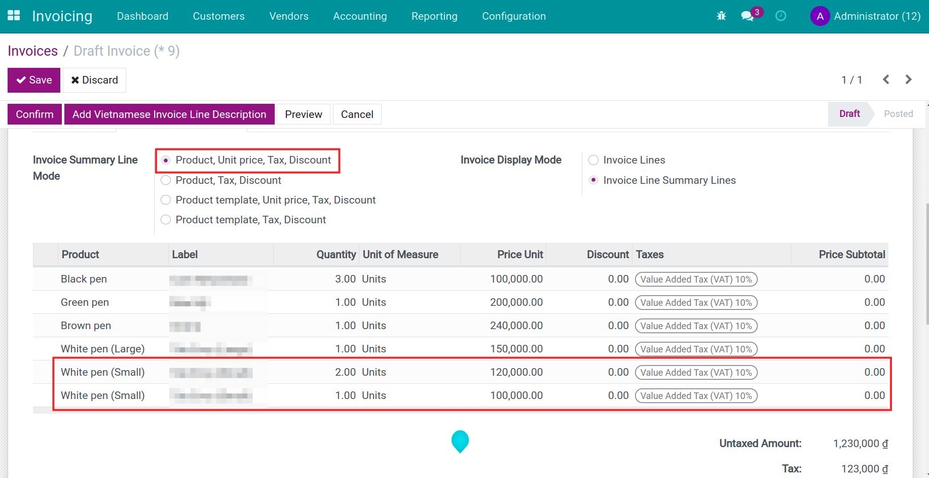 Product (Variant), Unit price, Tax, Discount