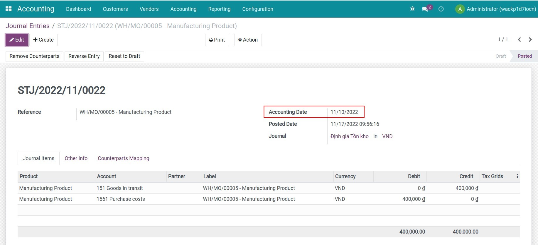 Recording entries of finished goods in inventory in the Viindoo system