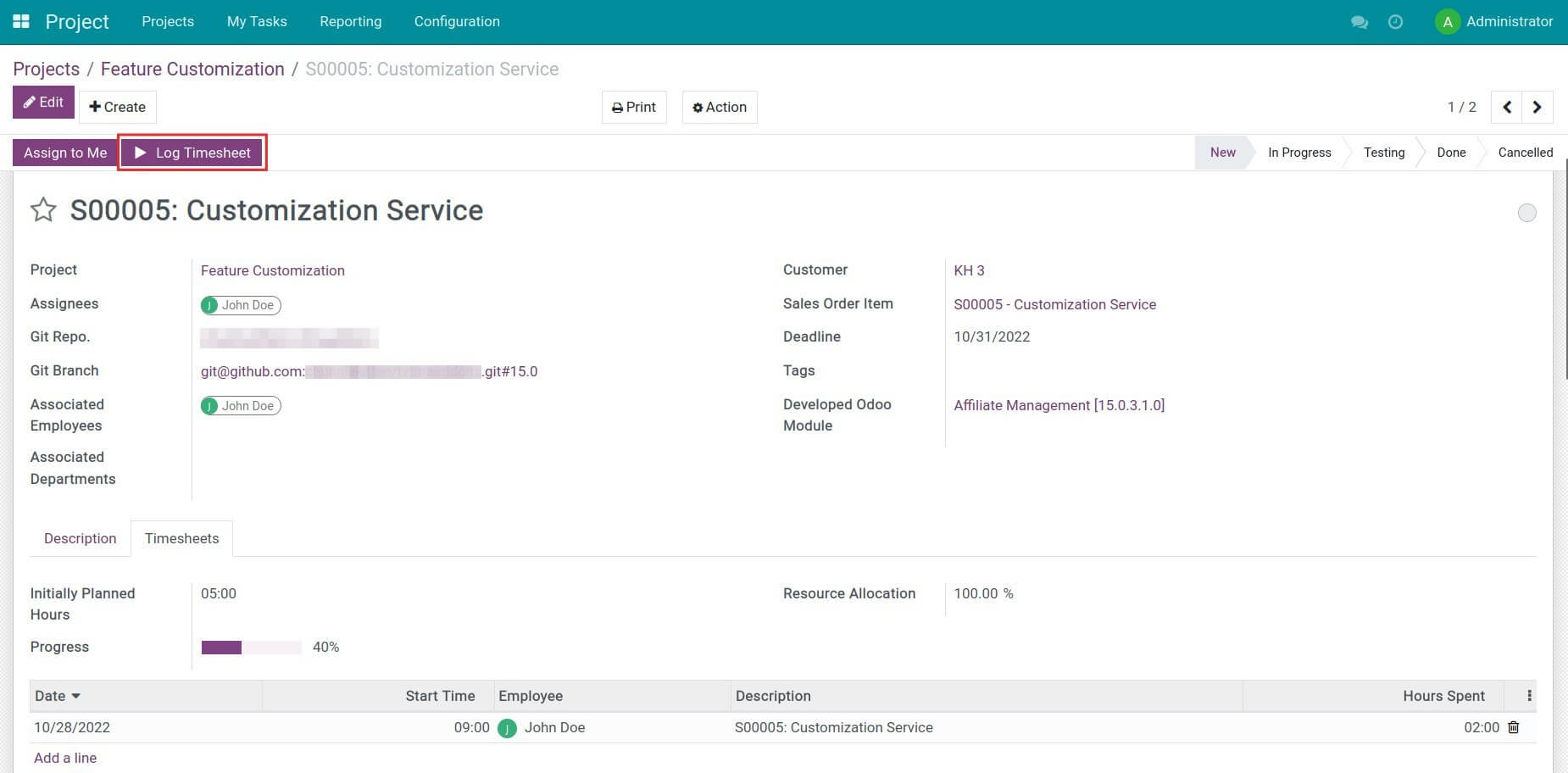 Log timesheets on a project task Viindoo