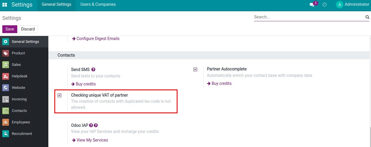 Enable the Checking unique VAT of partner feature