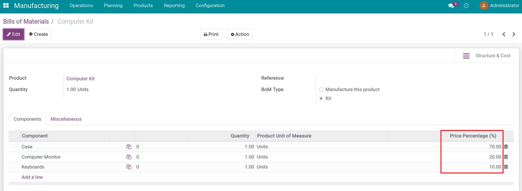 Configure component's percentage cost on BOM