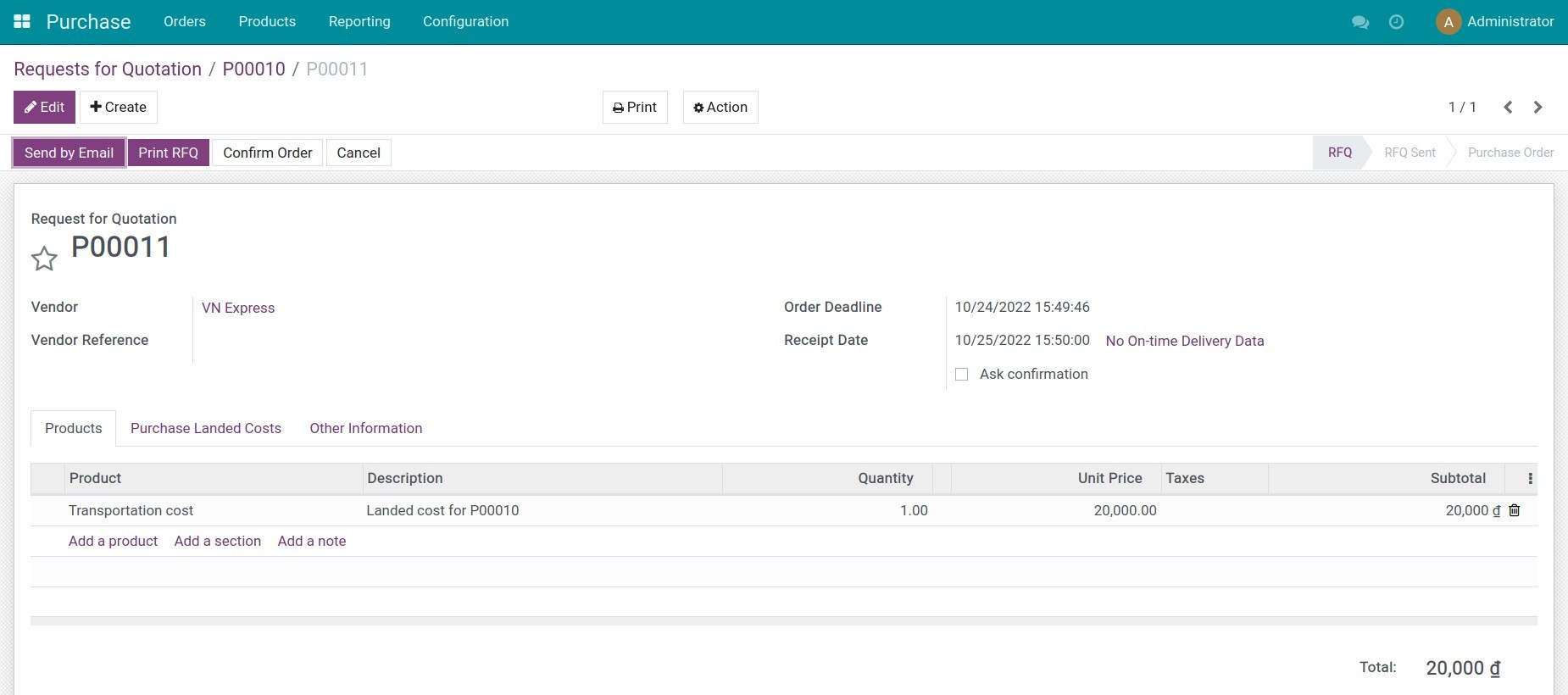 Landed cost purchase order