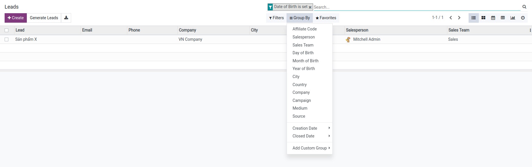 Search for customers by date of birth from a list of leads