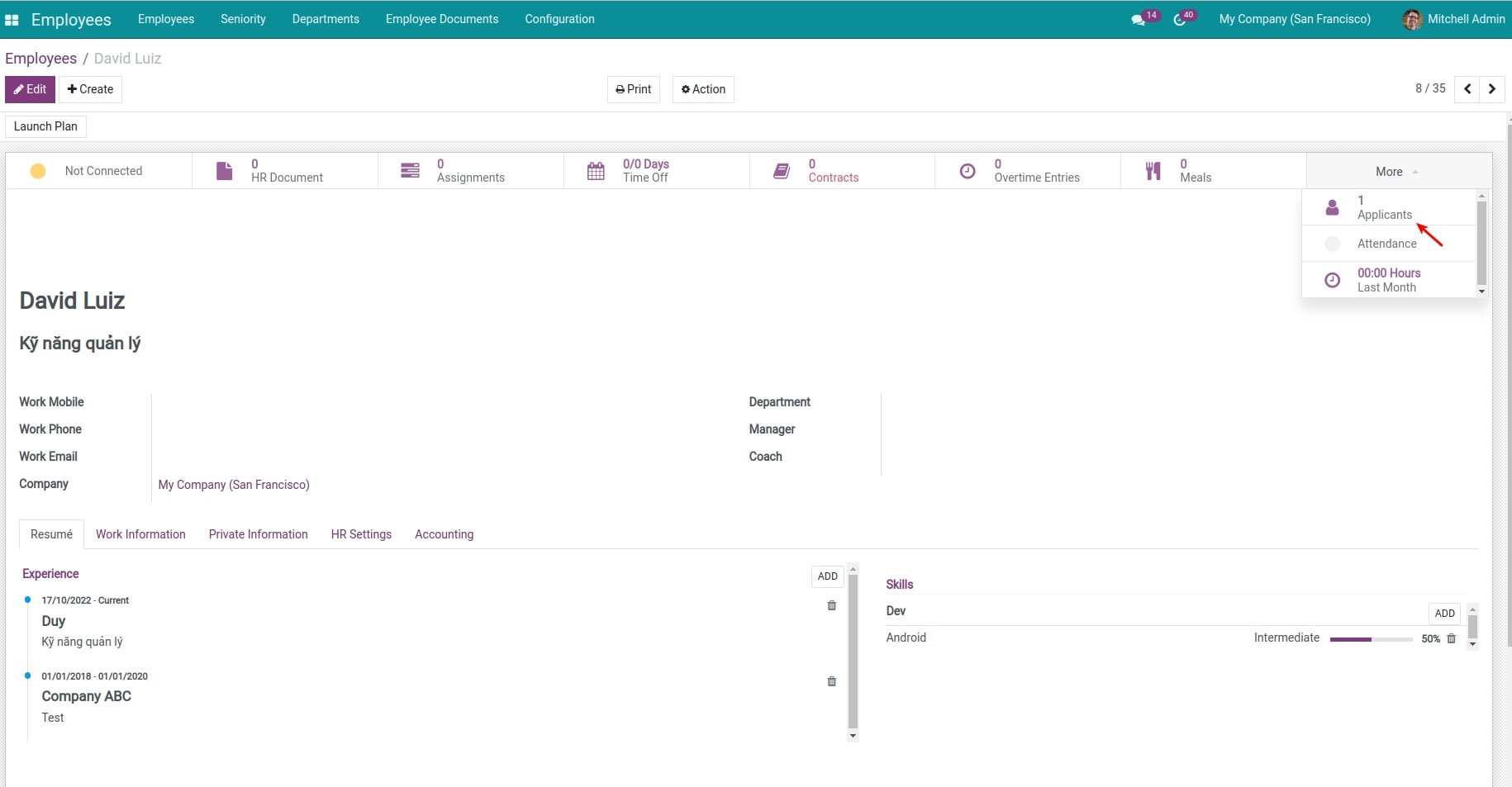 Profile on the Employees view