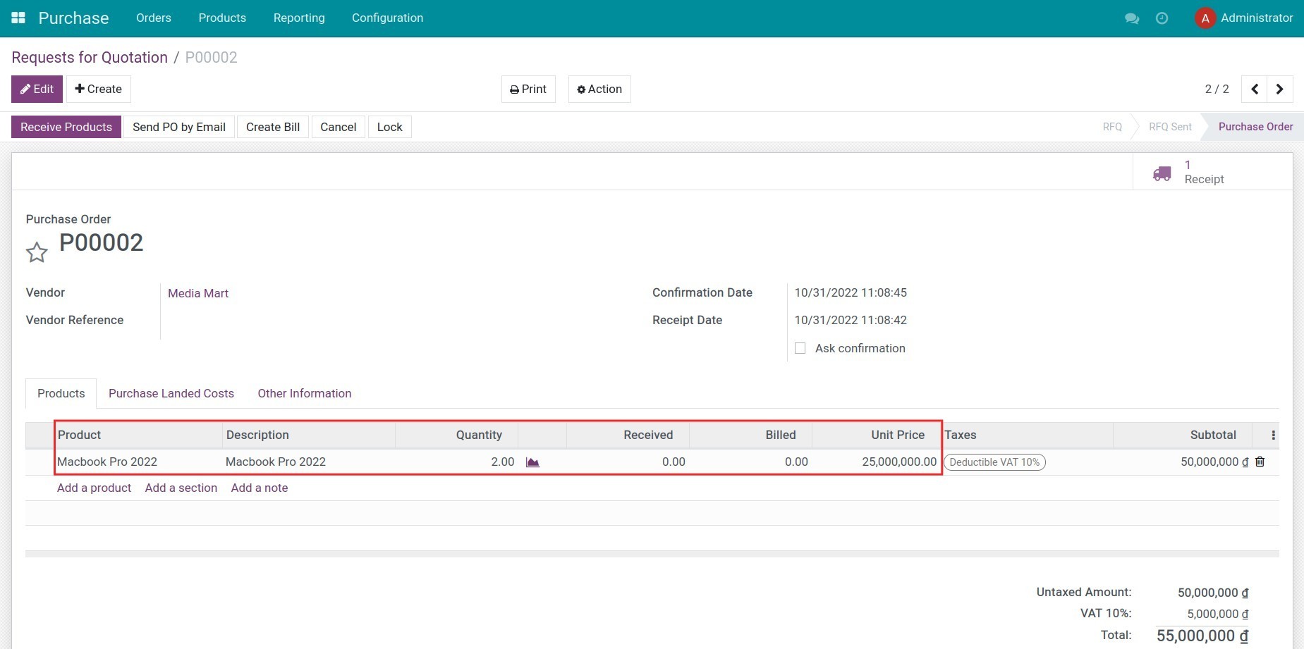 Purchase order in Viindoo ERP