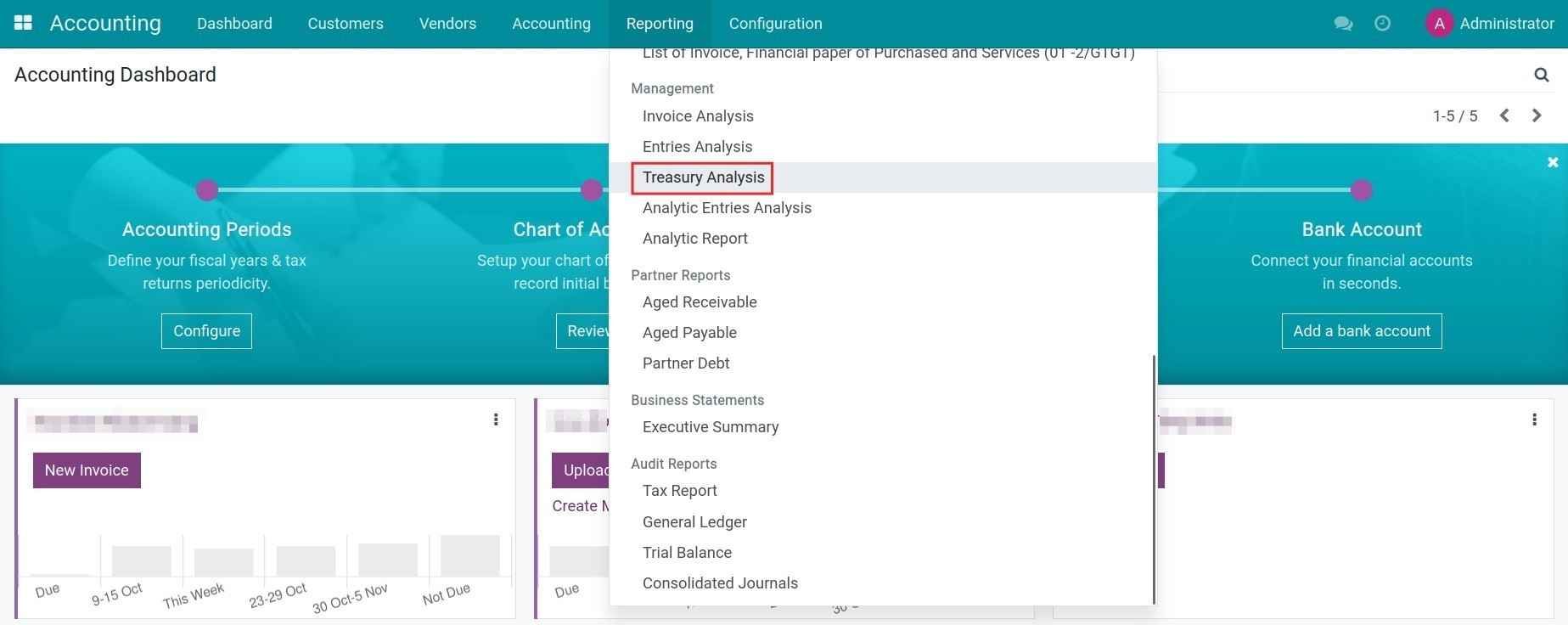 Access the treasury analysis report in Viindoo