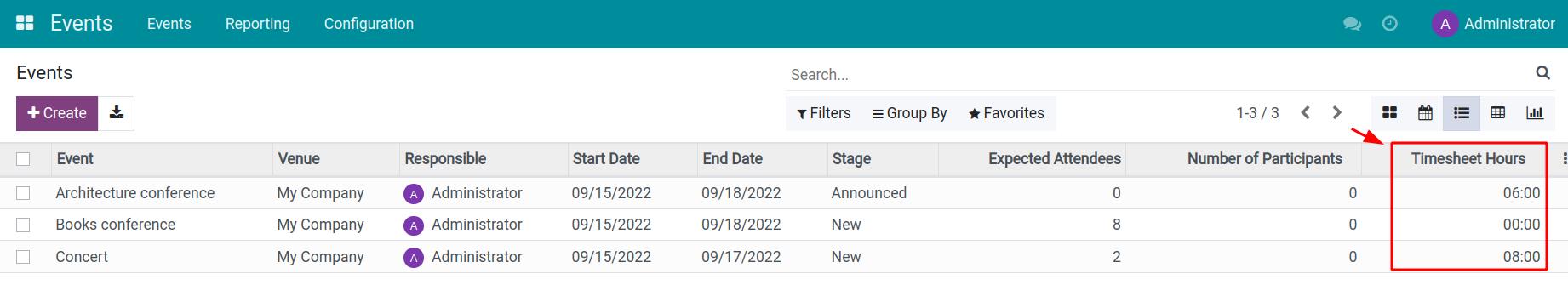 View timesheet hours on event list view Viindoo