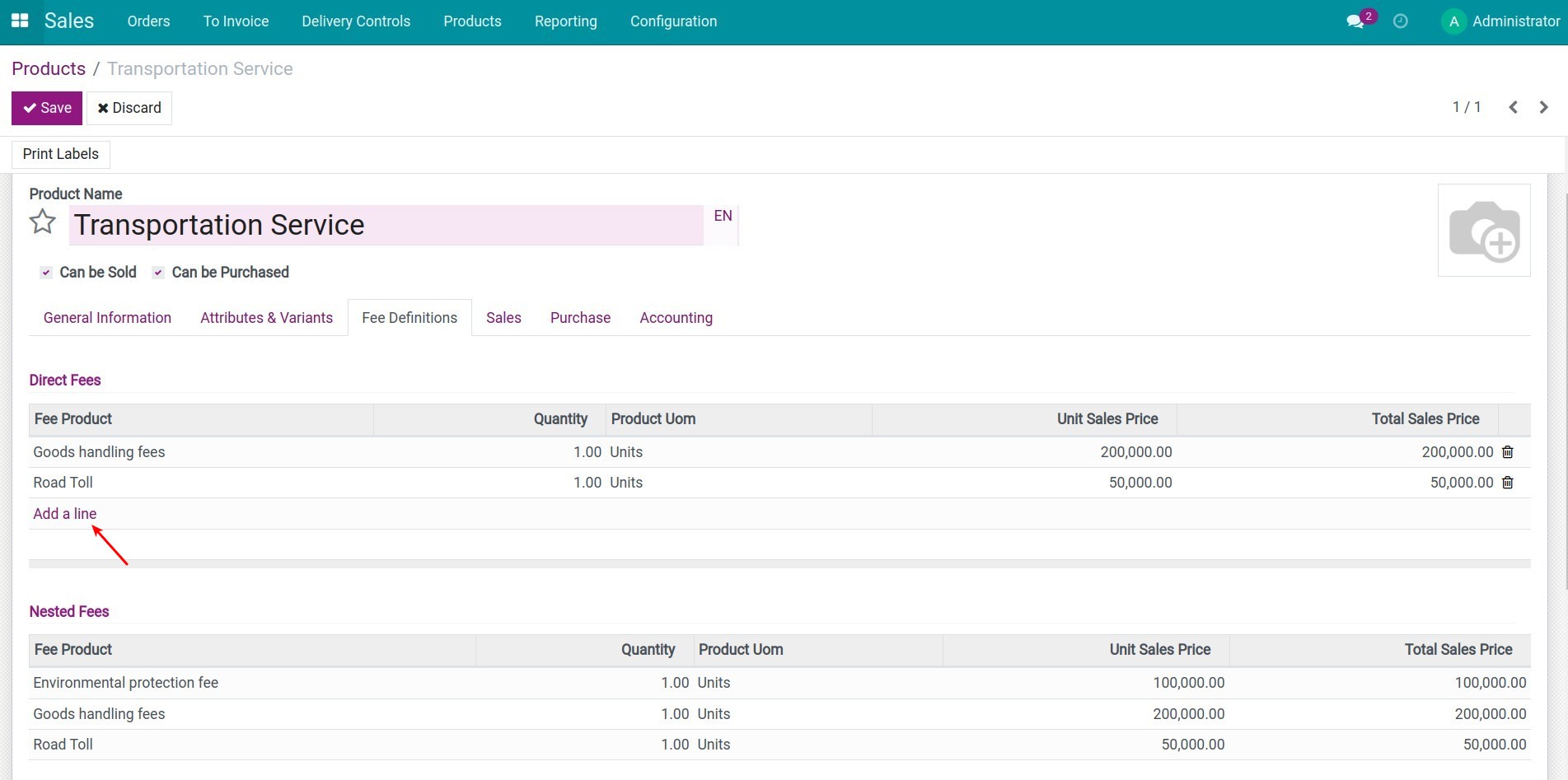 Fee definitions in a product