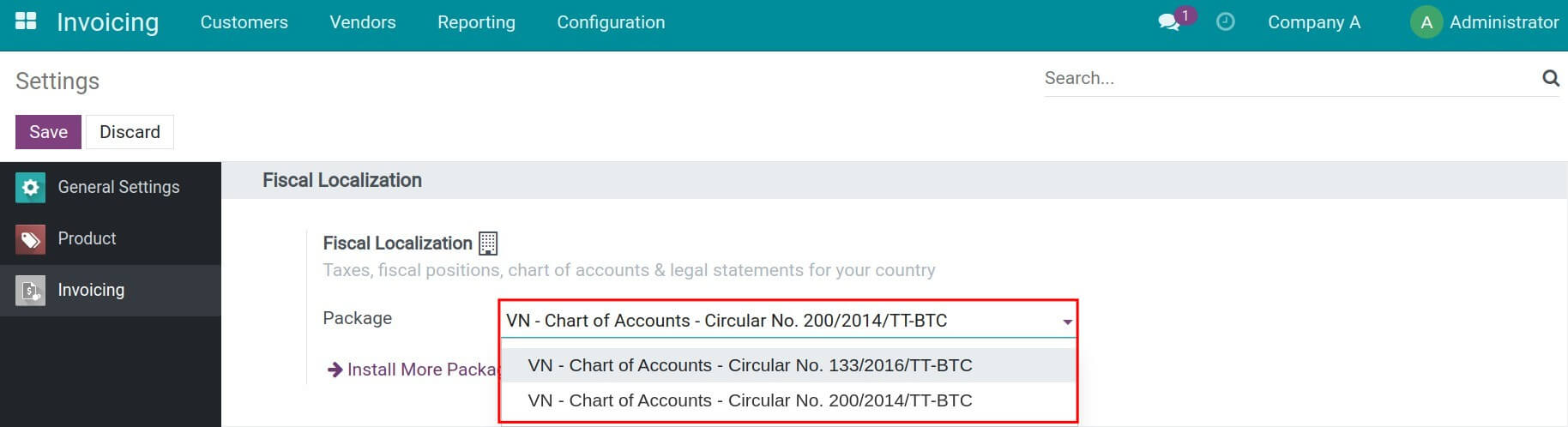 Configure fiscal localization package in Viindoo Invoicing app