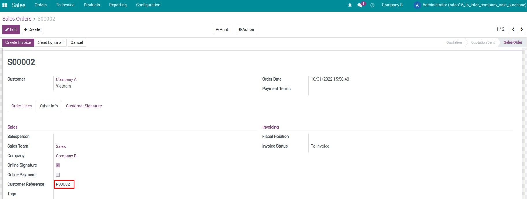 The Purchase Order reference on the Sales Order is automatically generated from the intercompany transaction