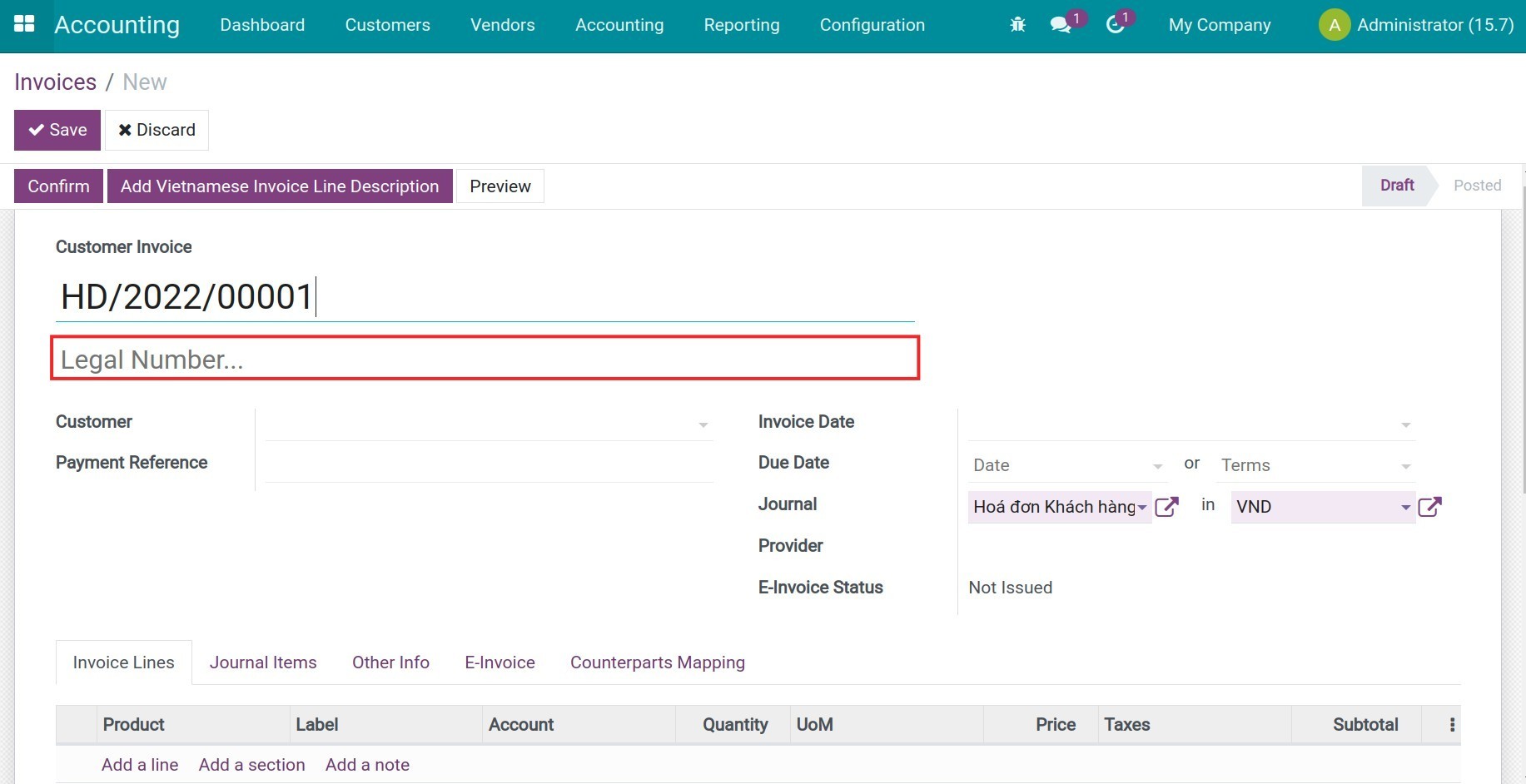 Legal number field on an invoice Viindoo