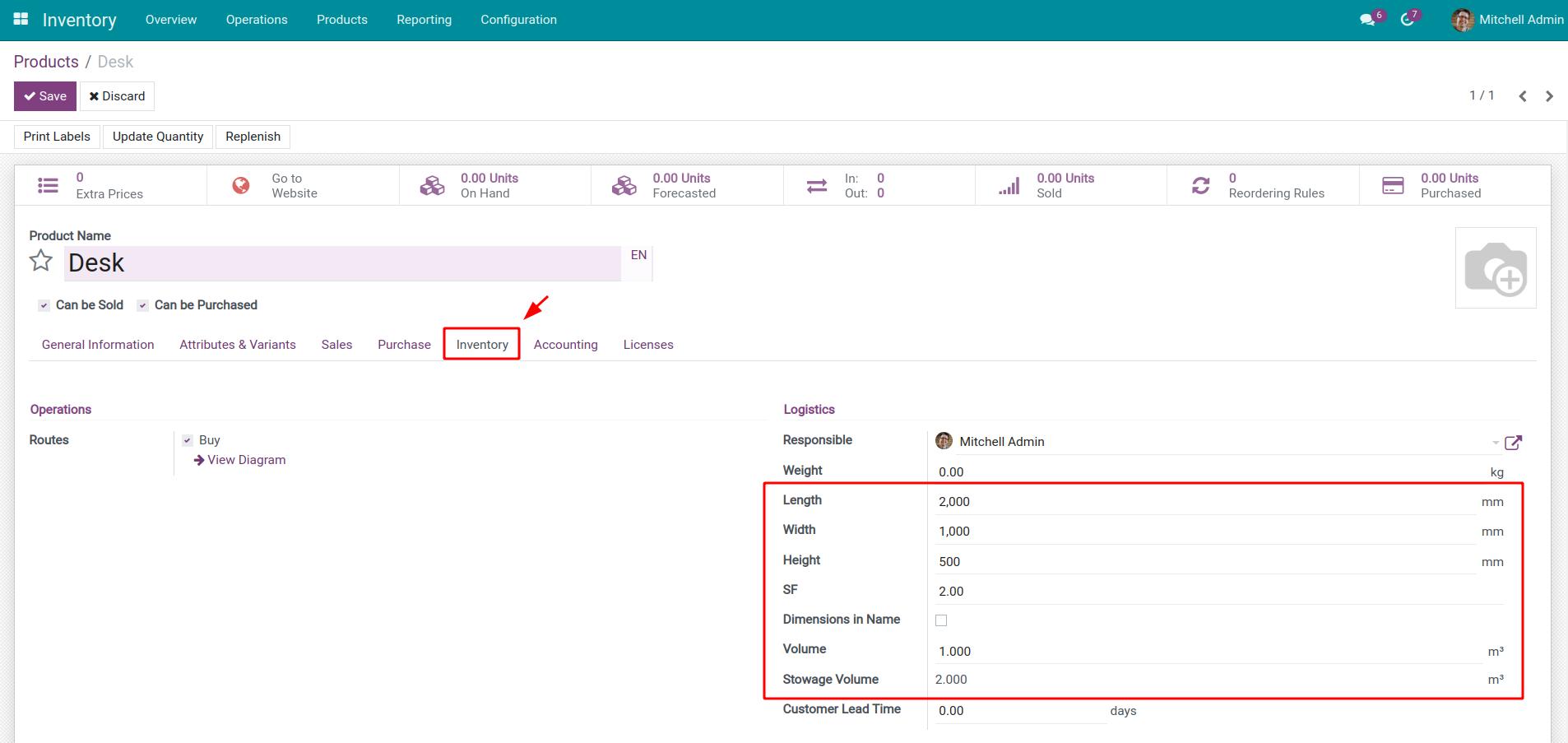 Configure product dimensions Viindoo