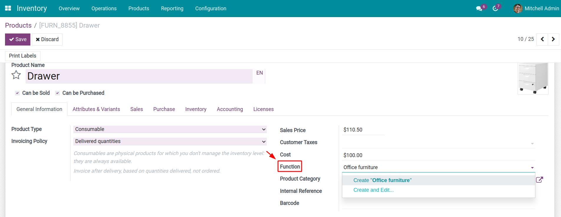 Product Function on product settings Viindoo