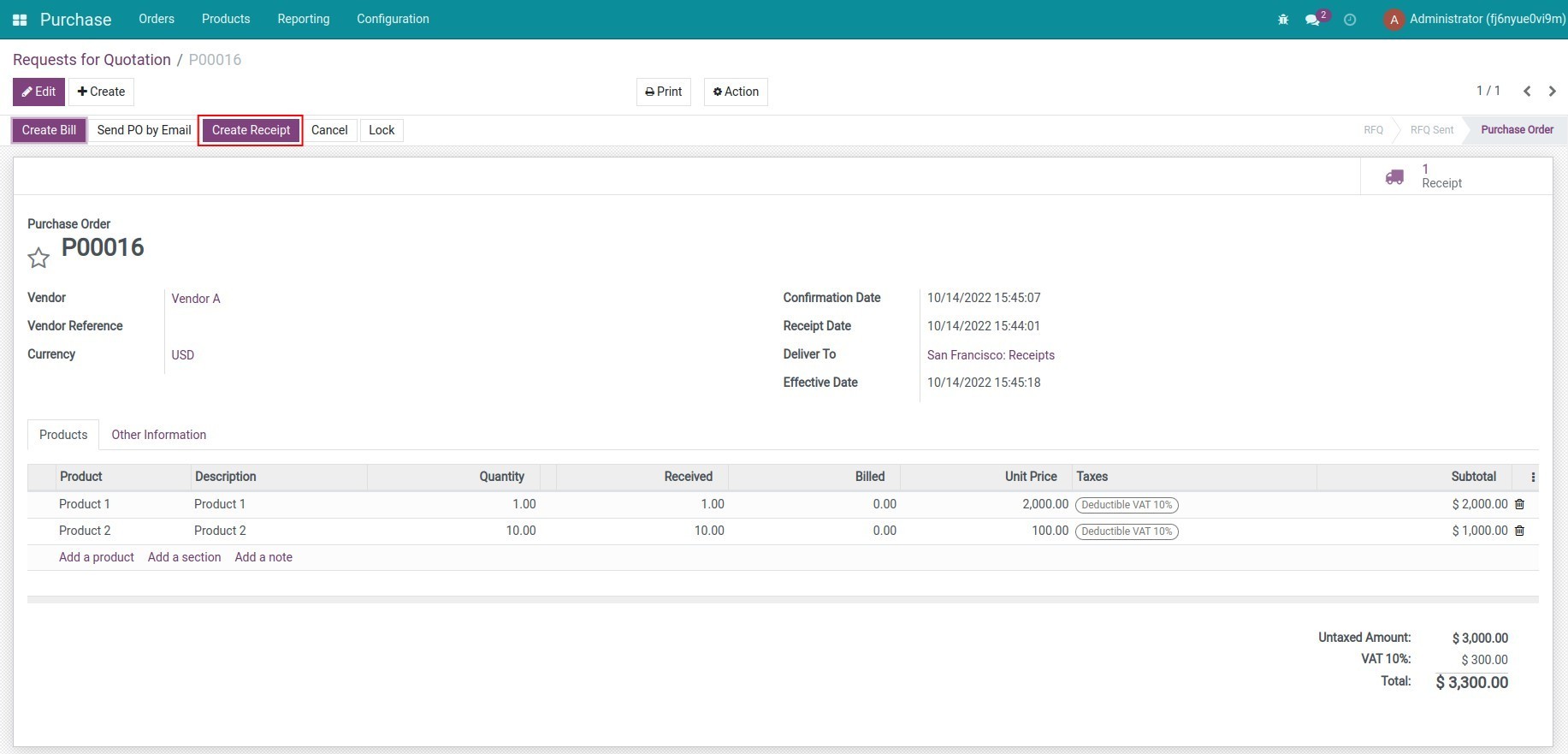 Purchase Order view Viindoo