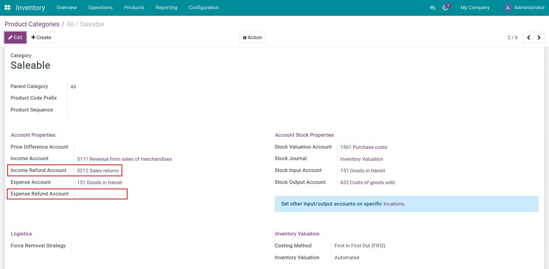 Refund account on the product category