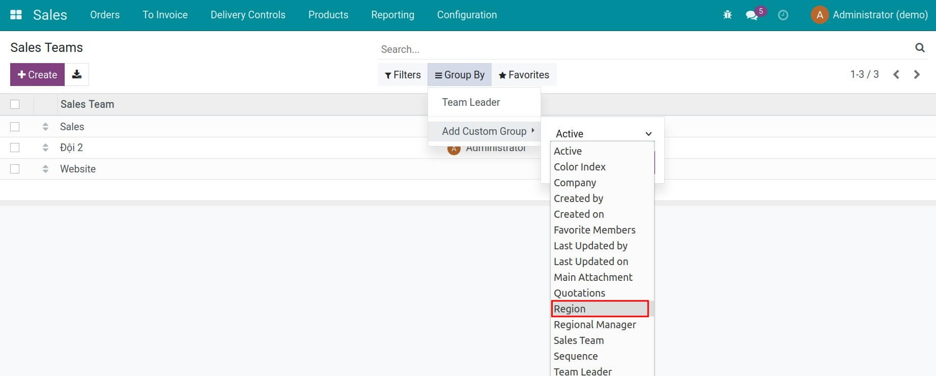 Filter/search by sales region