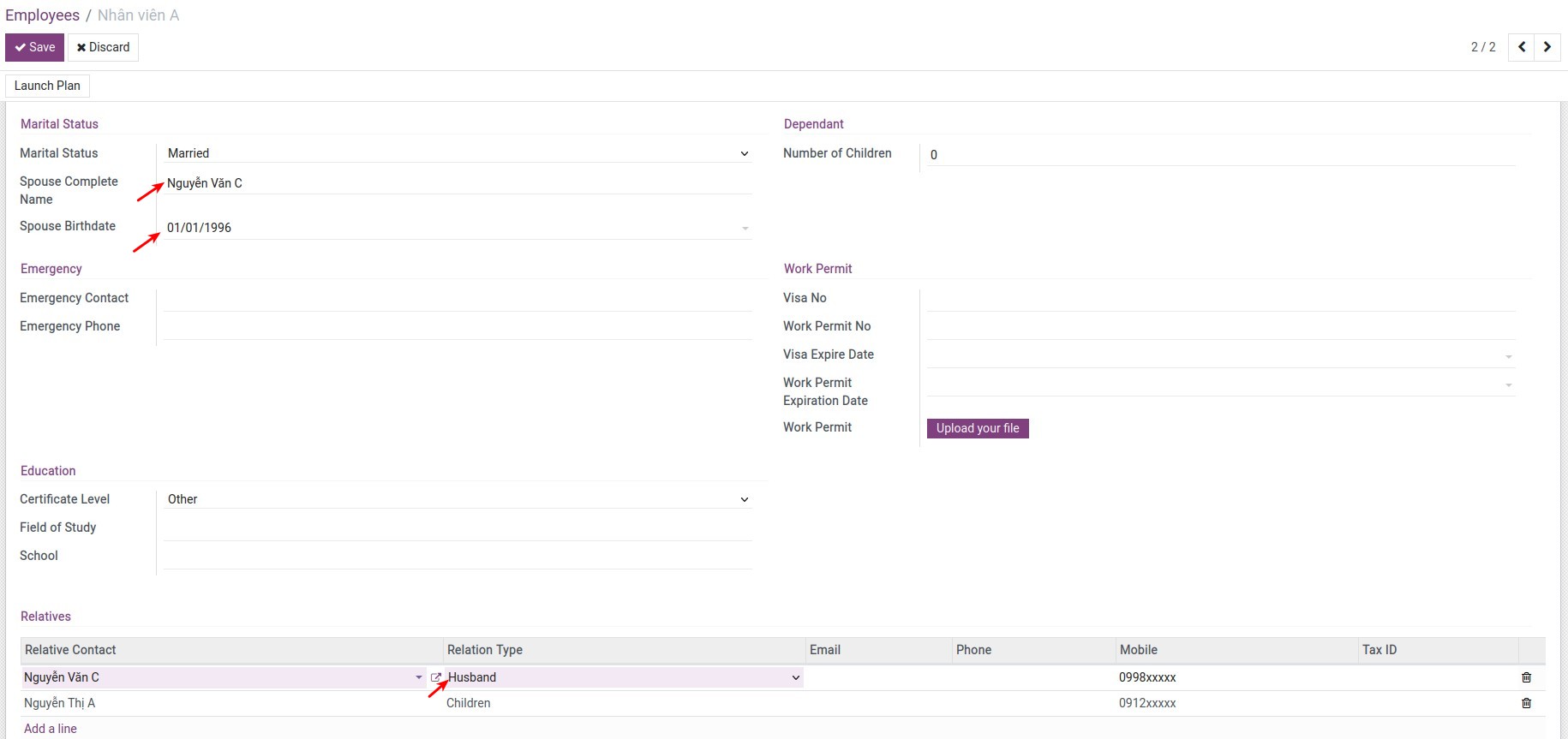 Automatically identify the spouse's name and date of birth  in the corresponding employee profile