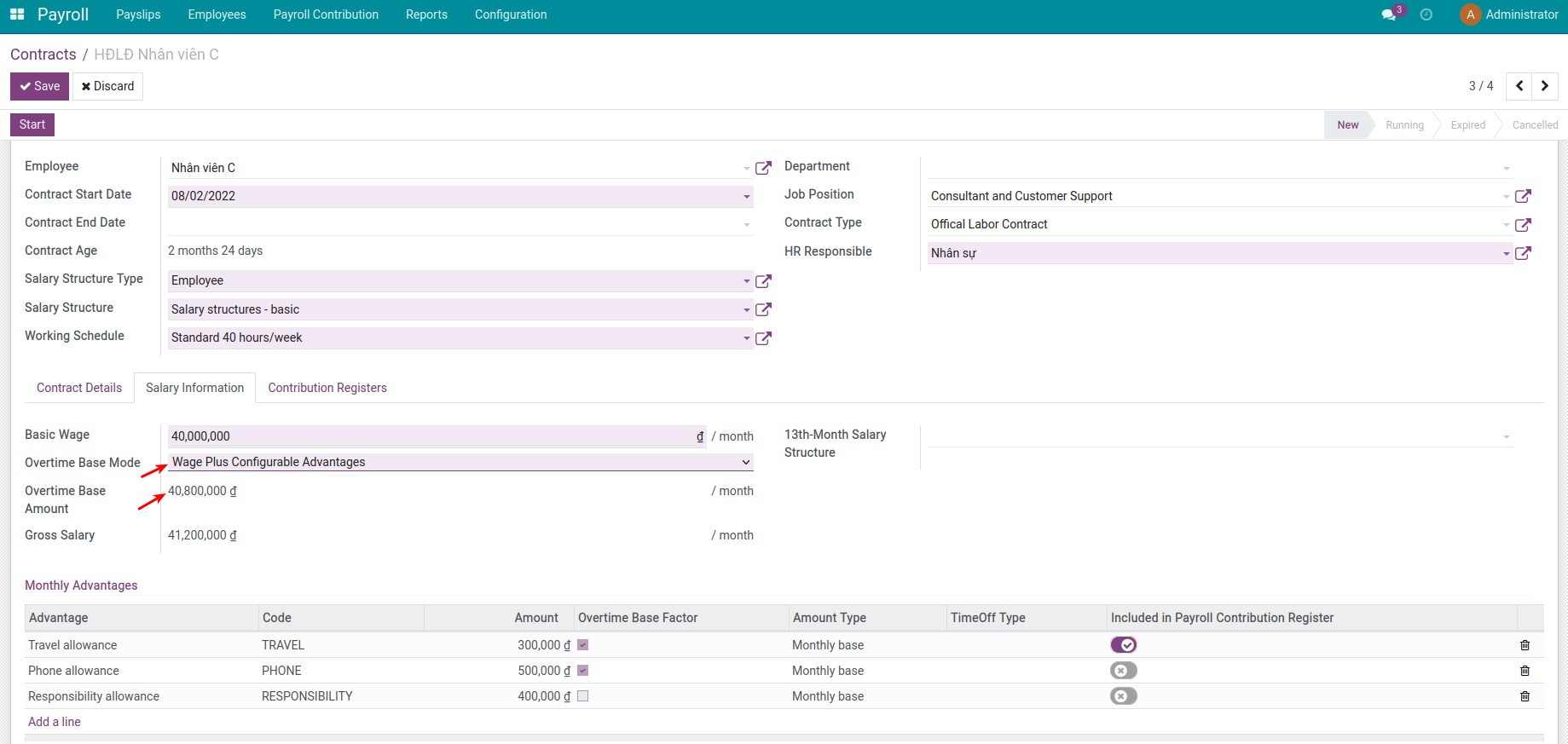 Overtime Base Mode according to Wage plus configurable advantages