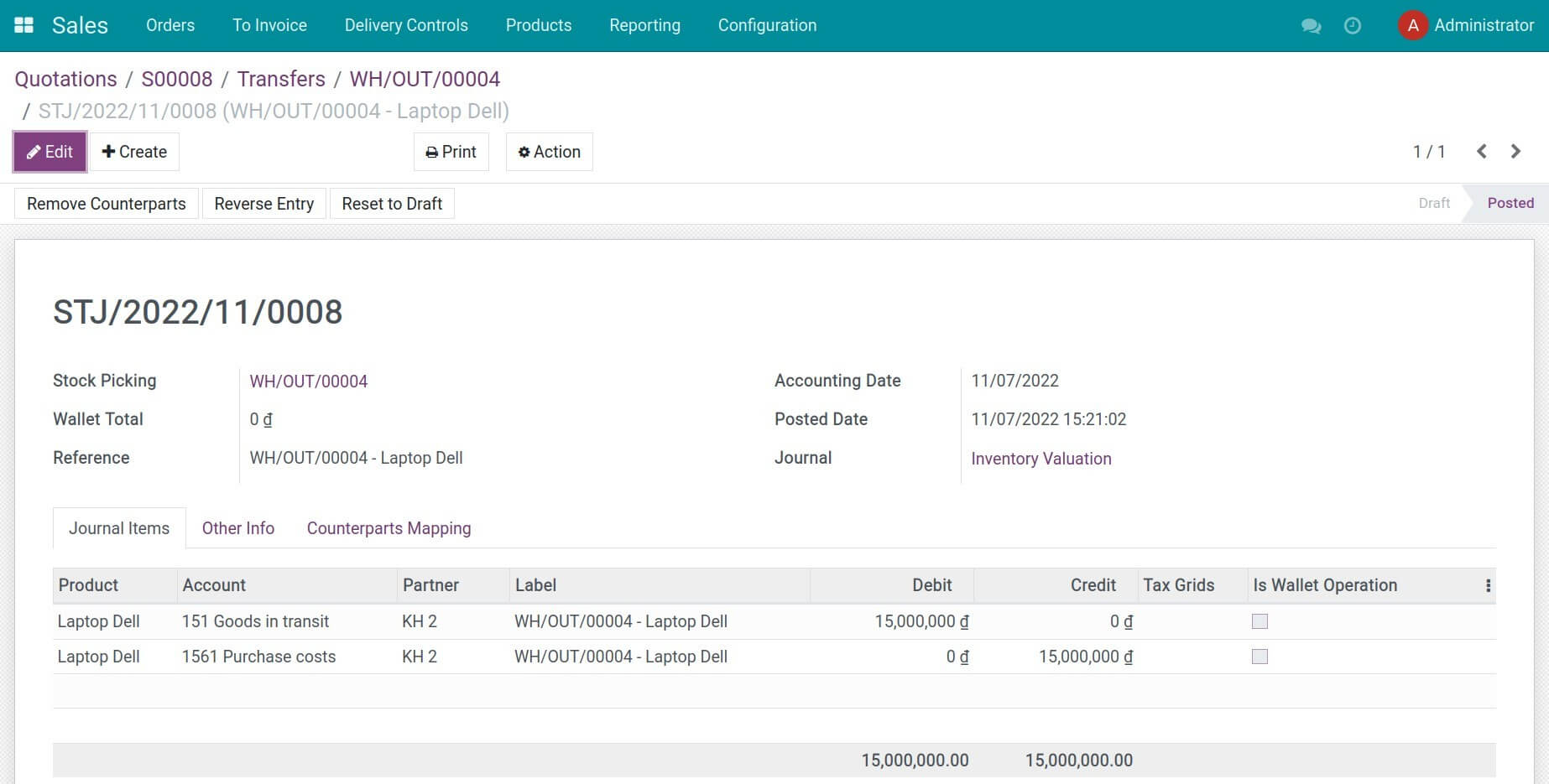 Generated journal items from warehouse transfer