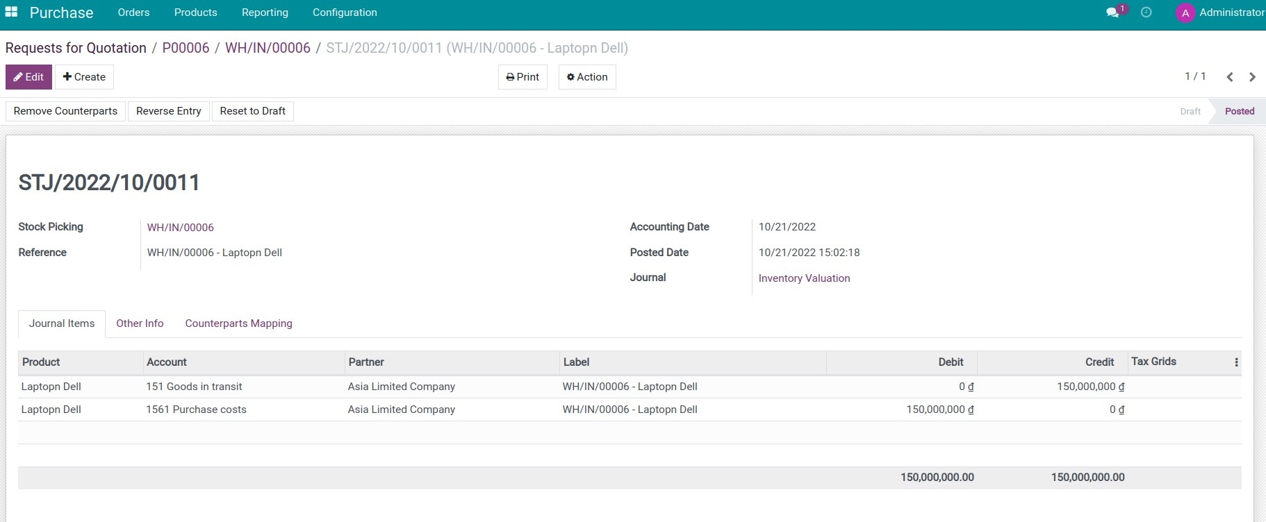 Register accounting information of incoming products