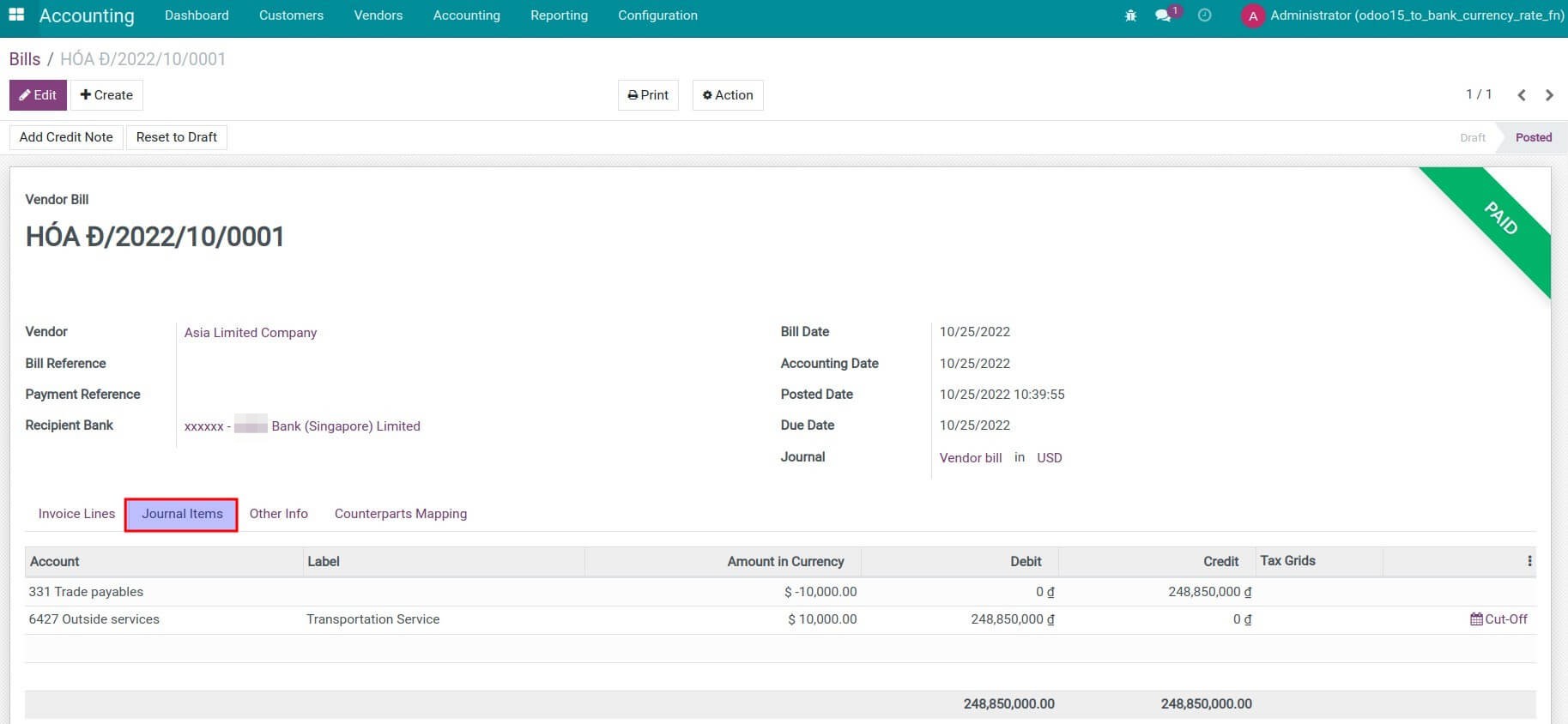 Journal items for vendor bills in selling rates