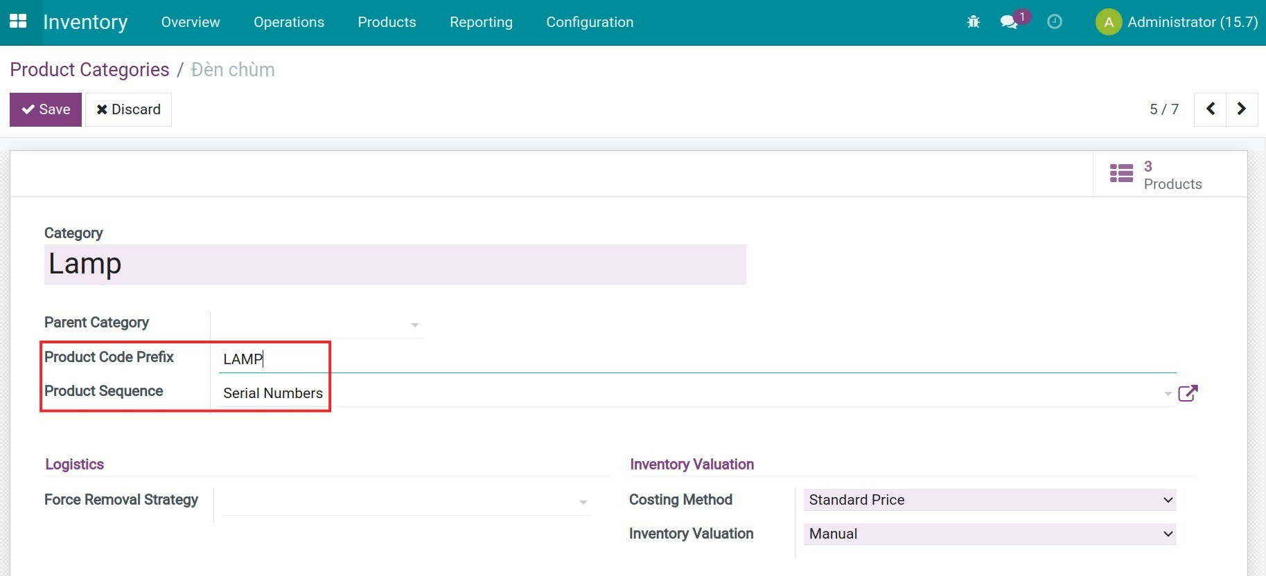 Configure product code prefix