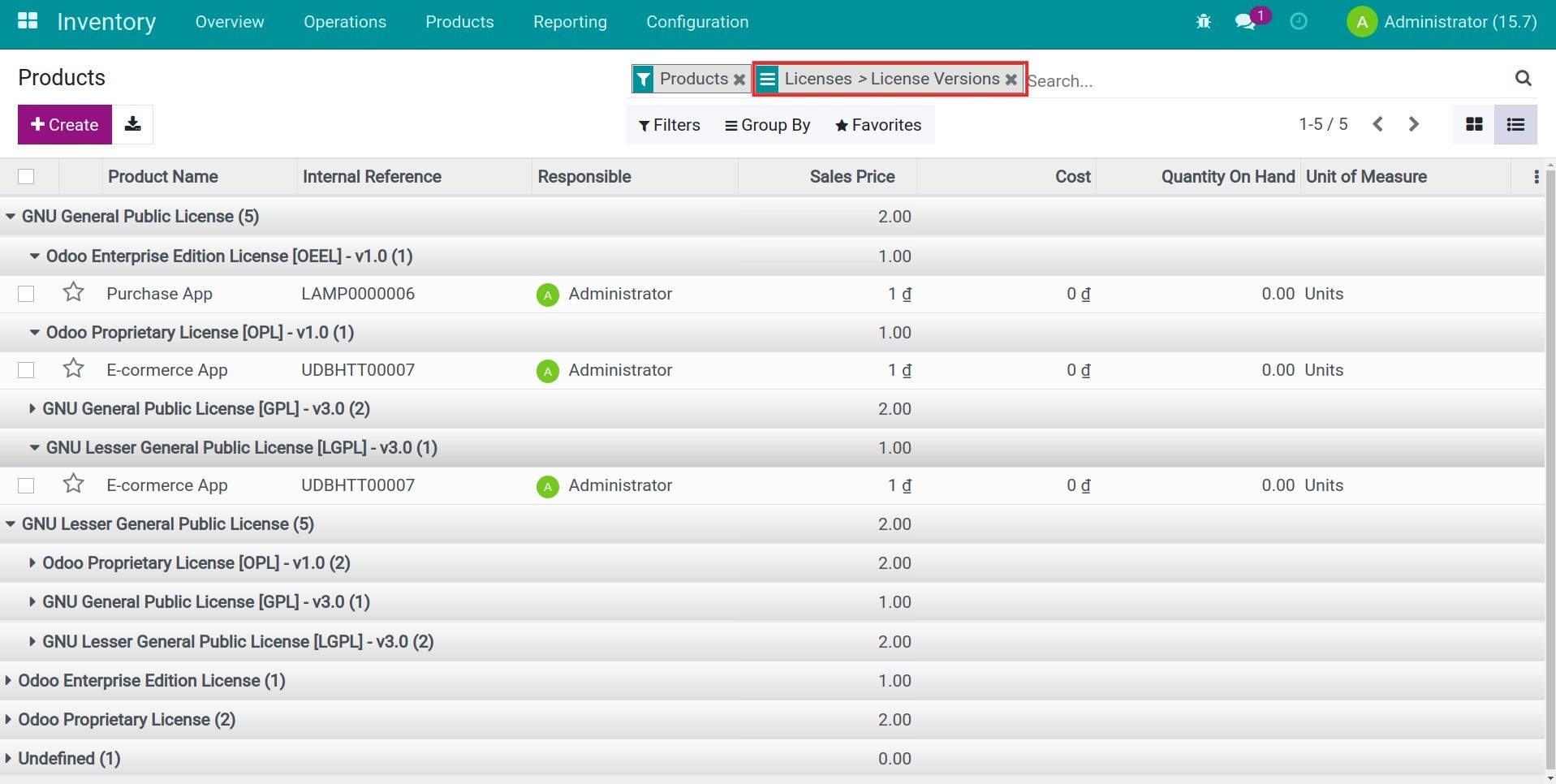 Track product and sales order on license/license version