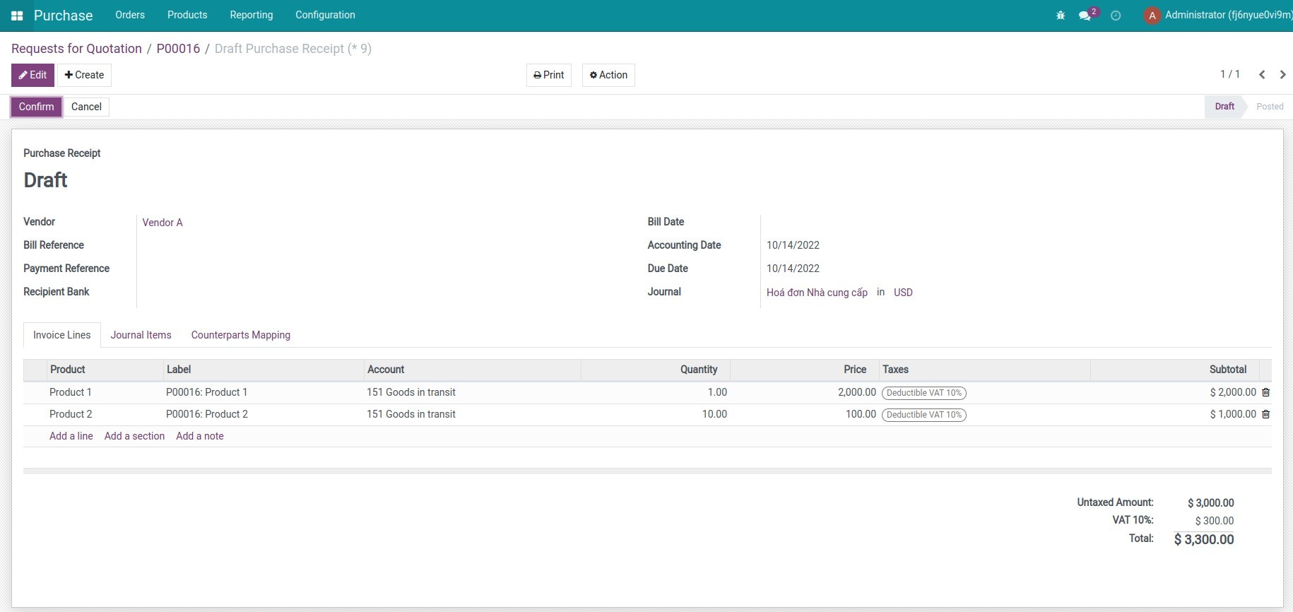 Create a receipt from a purchase order