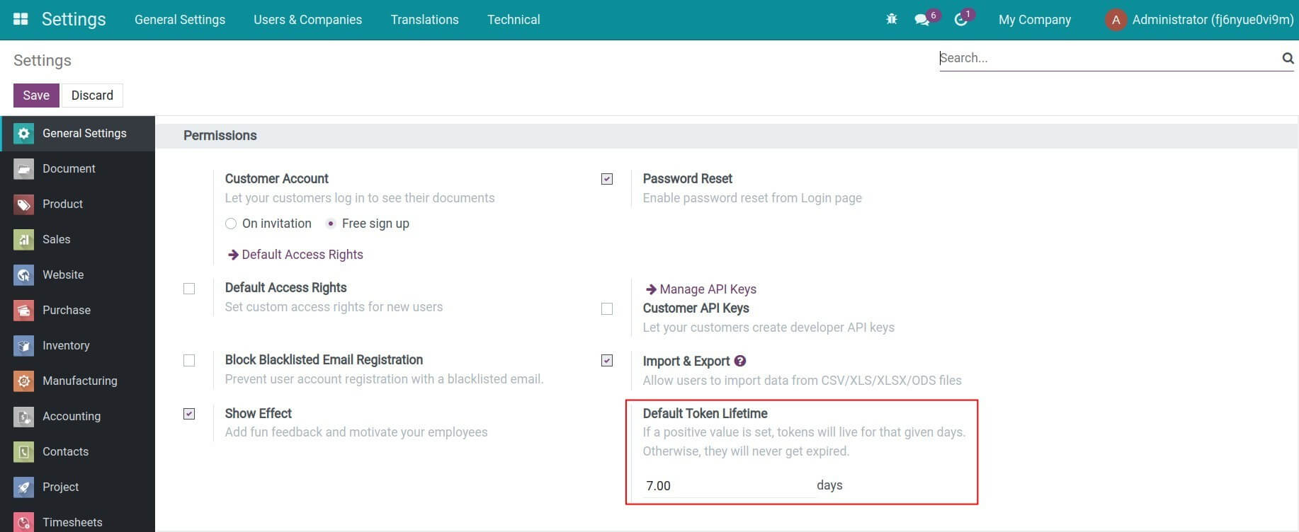 Set up default token lifetime