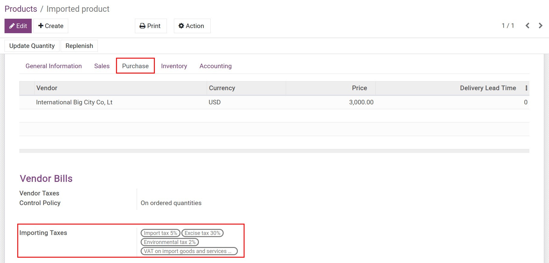 Set up import taxes on the product