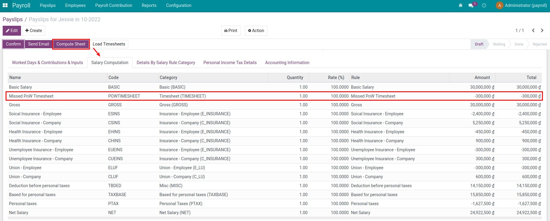 Deducted amount if any missing PoW timesheet - Viindoo Payroll Software