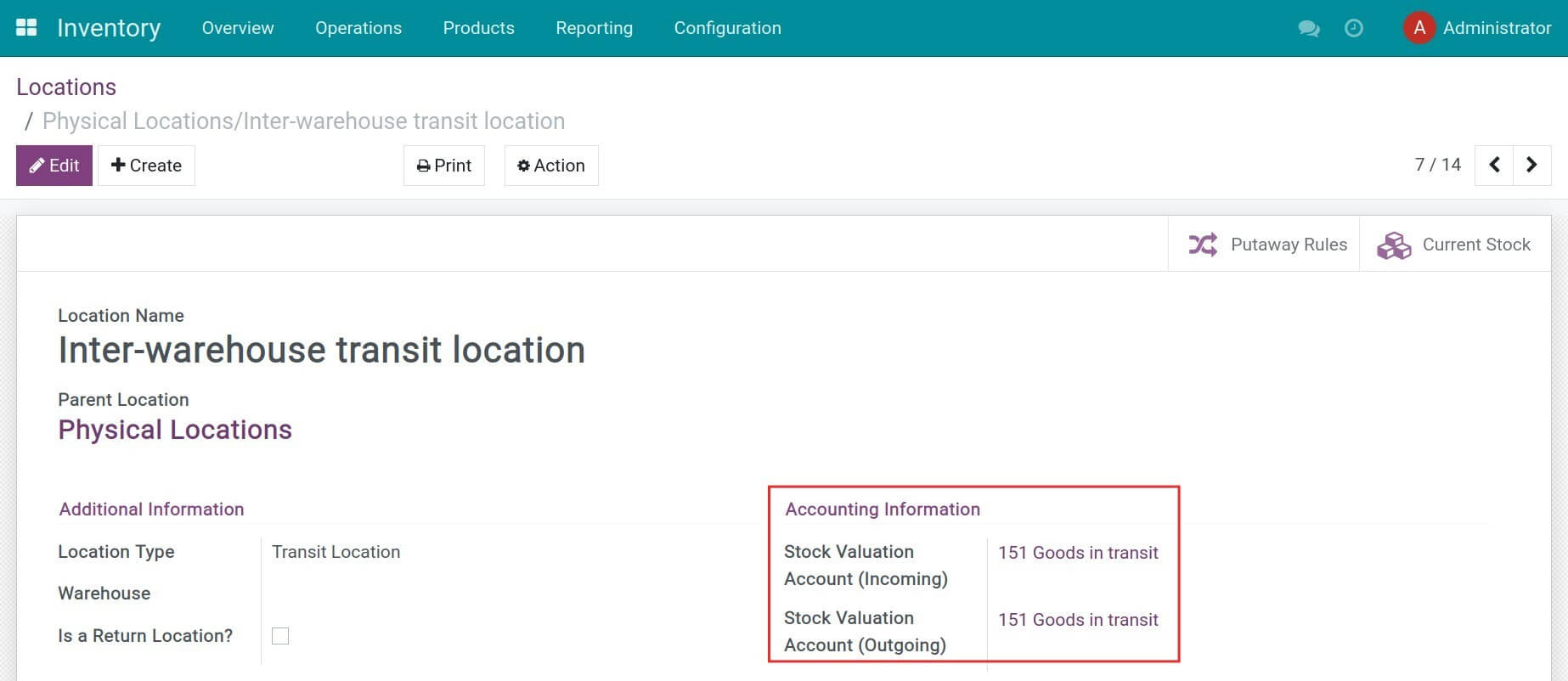 Configure accounting accounts for transit location