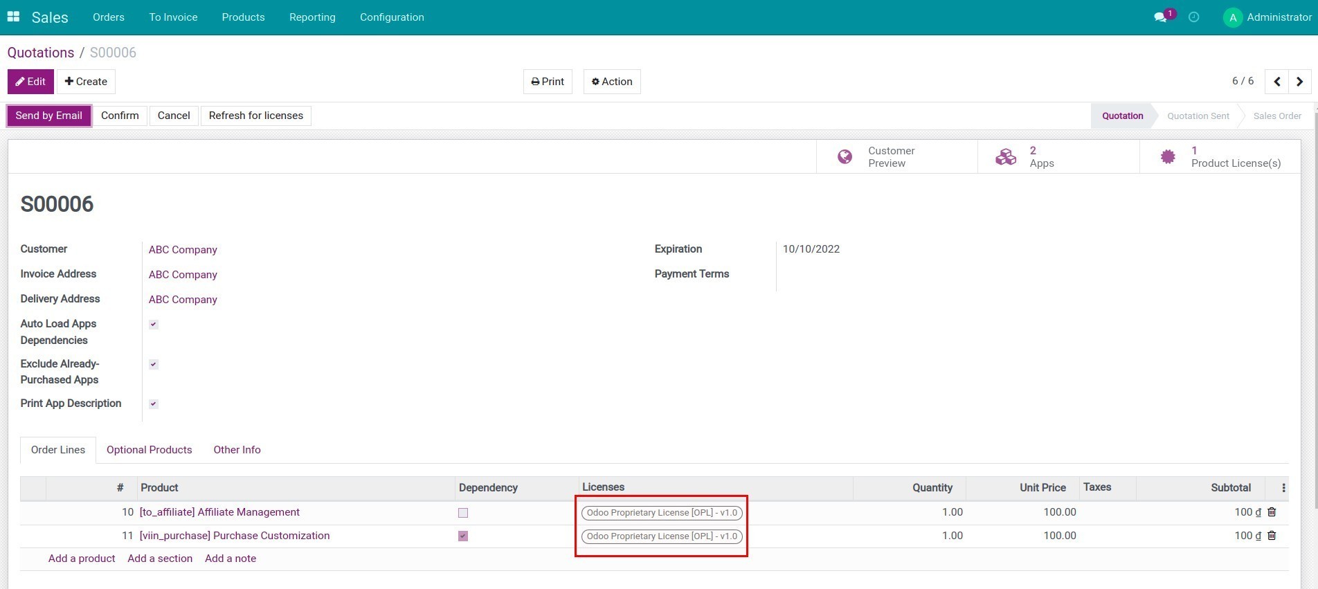 Create an order to sell licensed products