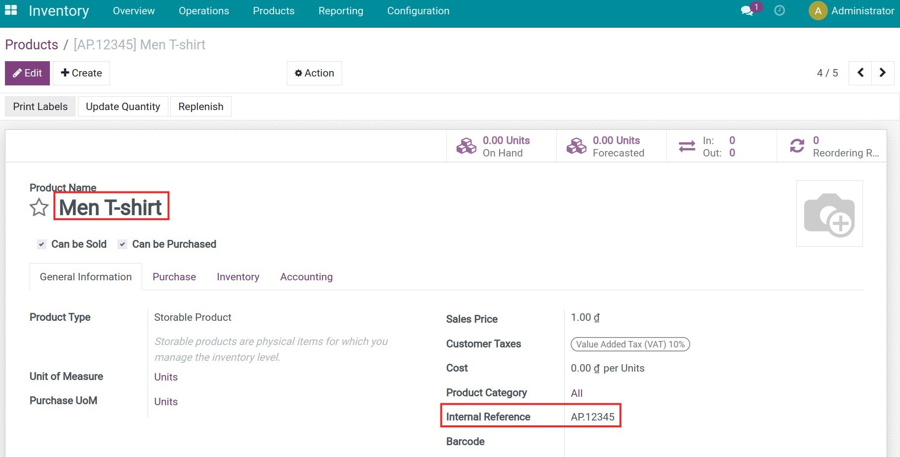 Add an internal reference to a product