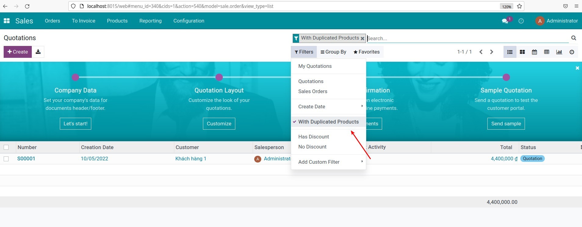 Filter the sales orders containing duplicate products