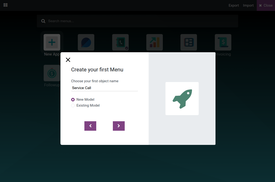 The app creator's Create your first Menu page with the New Model and Existing Model choice