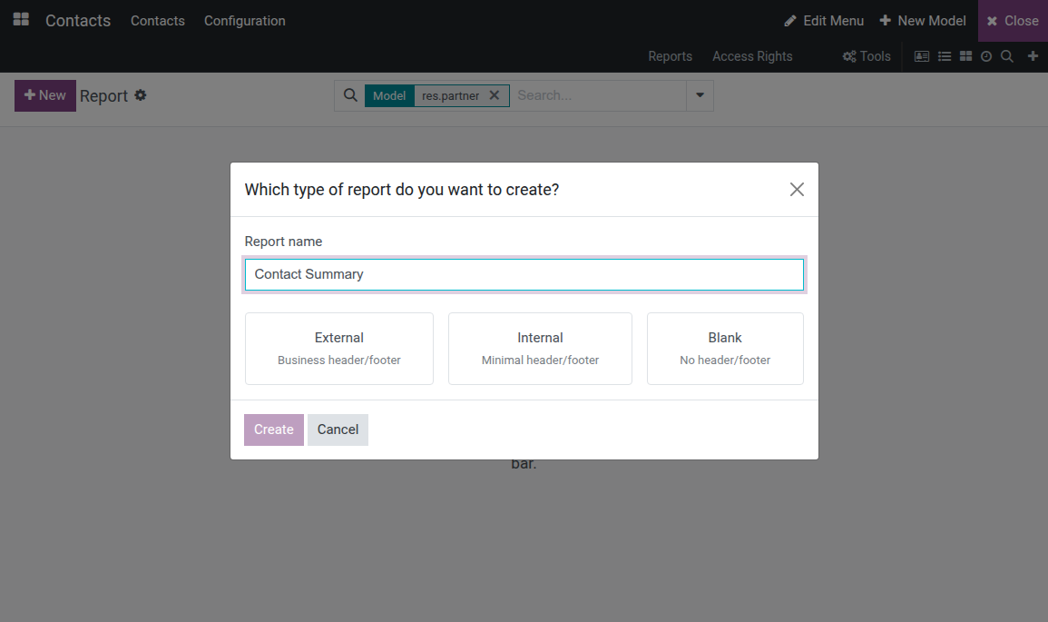 The report-creation dialog with the External, Internal and Blank layout cards, External selected
