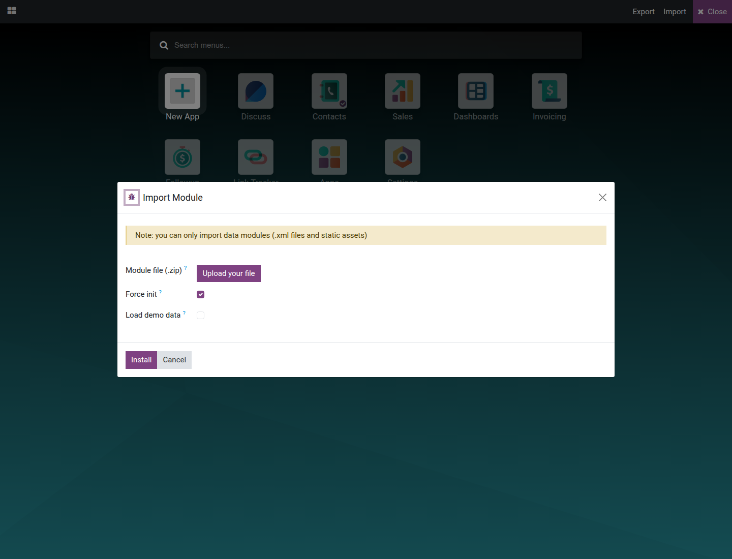 The standard Import Module wizard with its file upload control and the Force init box ticked