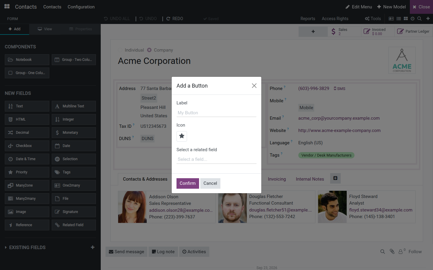 The + tile in the button box and the Add a Button dialog with Label, Icon and Select a related field