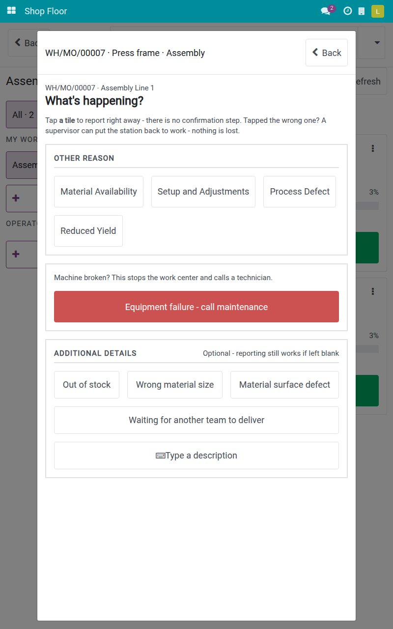 Stop machine screen with the button Equipment failure - call maintenance