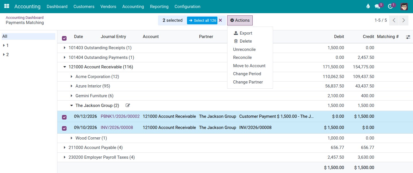 Selecting an invoice and its payment, then choosing Actions and Reconcile