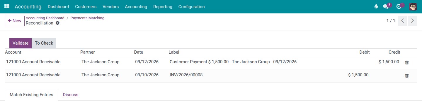 The Reconciliation screen with an invoice and a payment of the same amount