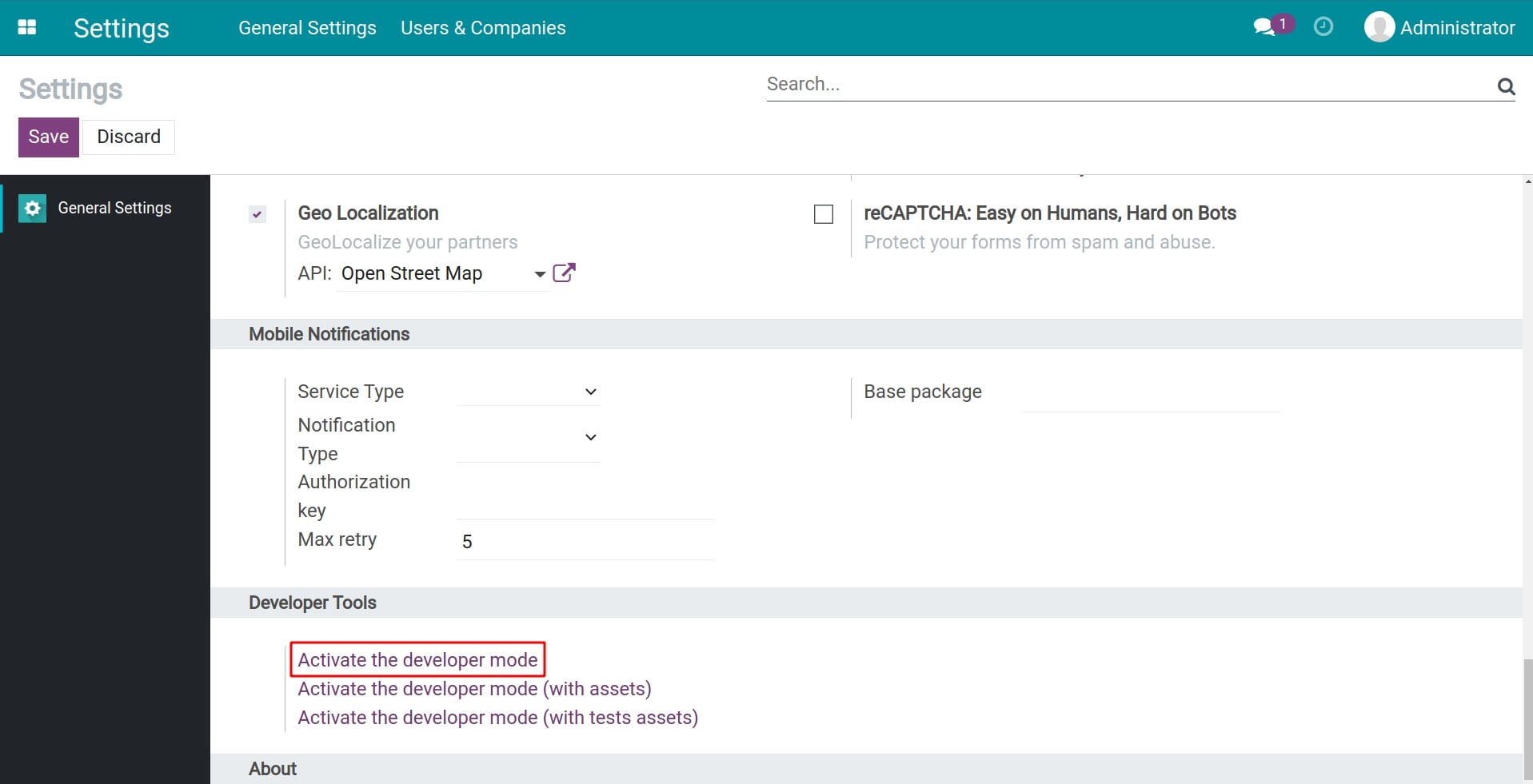 Enable the developer mode via Viindoo settings