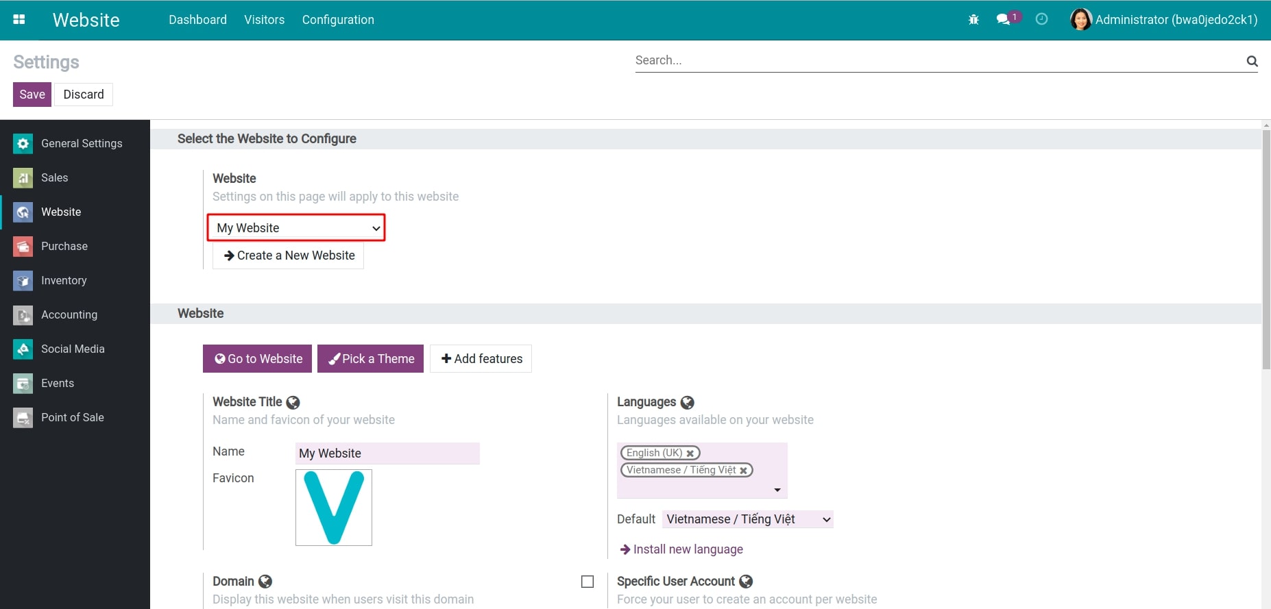 Select the website to set your domain name Website Viindoo