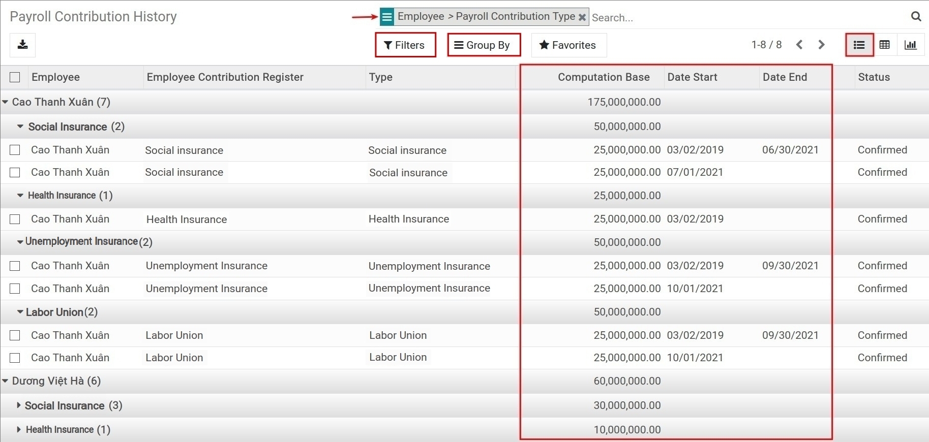 Payroll contribution history in list view - Viindoo payroll app
