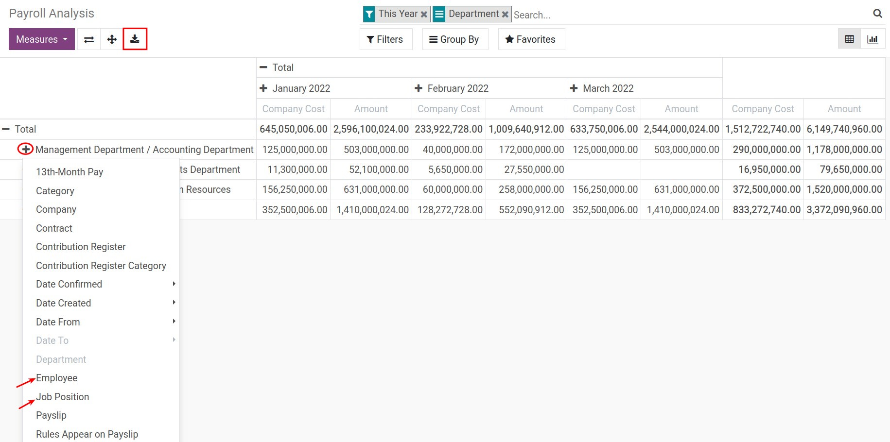 Combine the report criteria - Viindoo Payroll app