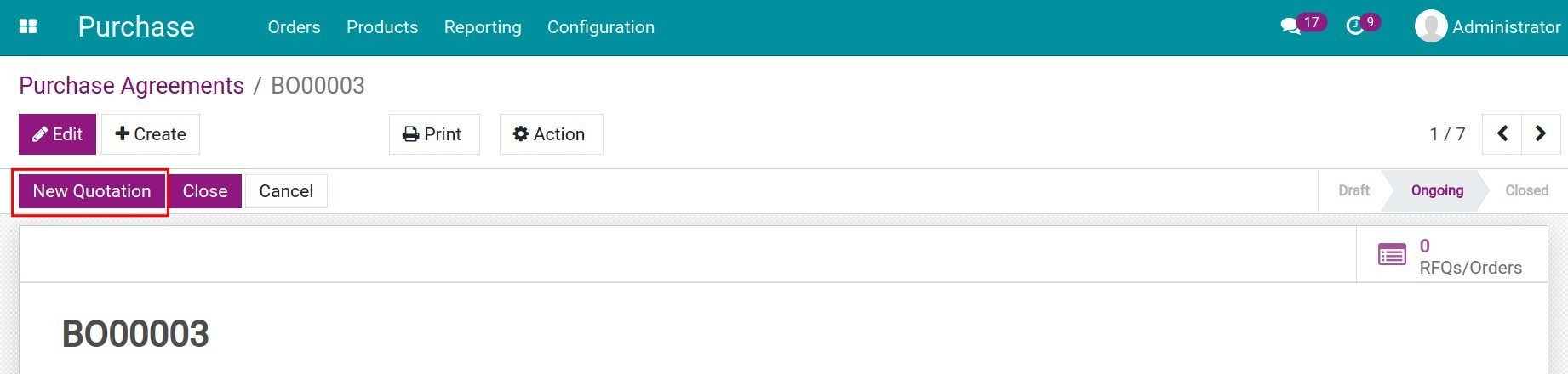 Create a RFQ from the Purchase agreement view