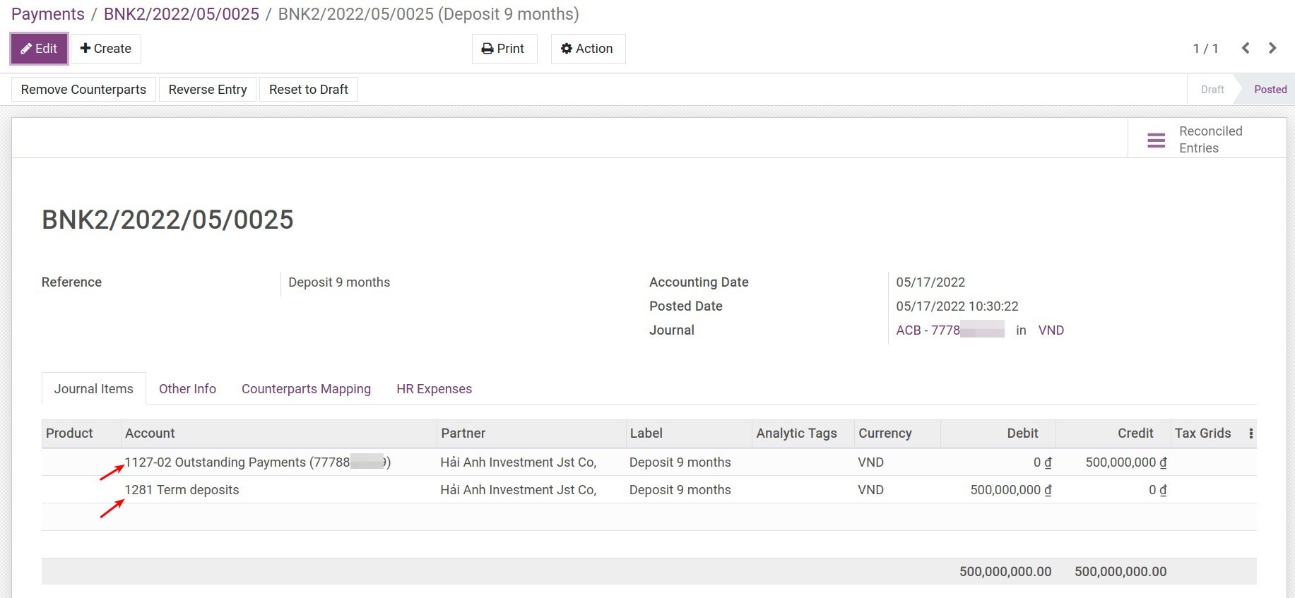 Journal entries of time deposit transaction